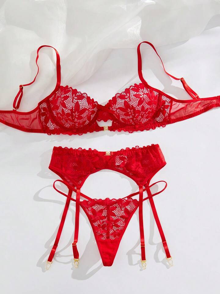 red lingerie set sexy lace garter
