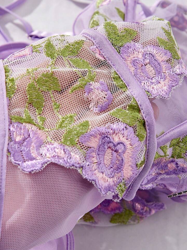 purple floral embroidered lace lingerie fabric