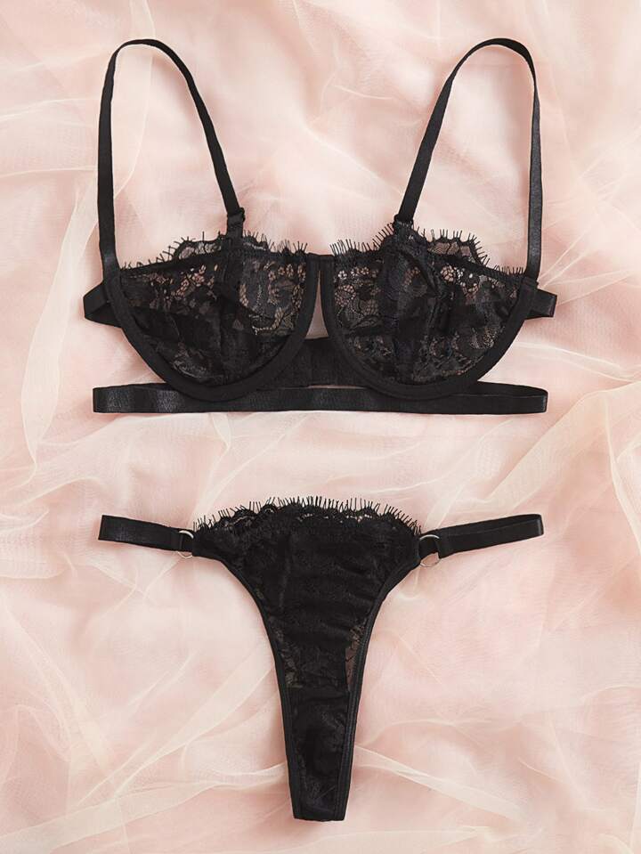 Conjunto de encaje floral de lenceria negra Self Care Shop