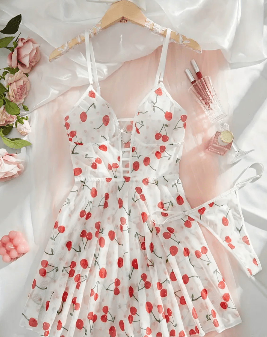 White lingerie slip dress cherry pattern