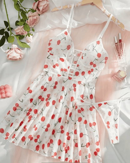 lingerie slip dress white with cherry patterns