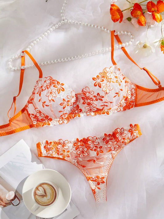 Orange Embroidered Lingerie Set