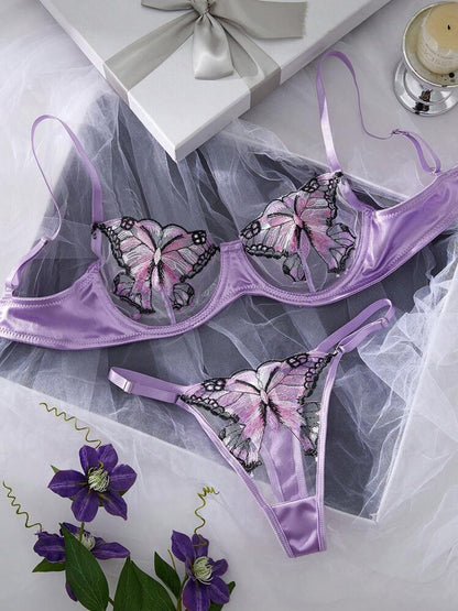 Purple Lingerie Set Butterfly Embroidered Sexy Underwear