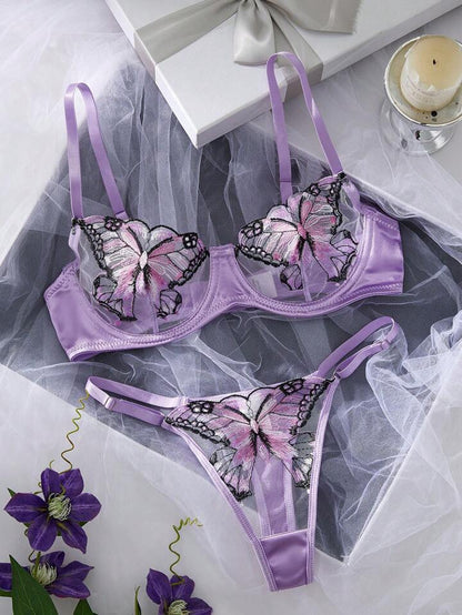 Purple Lingerie Set Butterfly Embroiderey