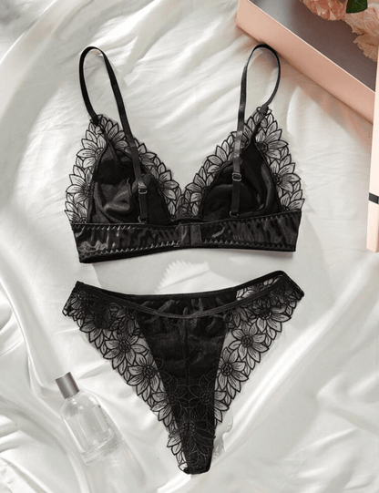 black silk embroidered lingerie set