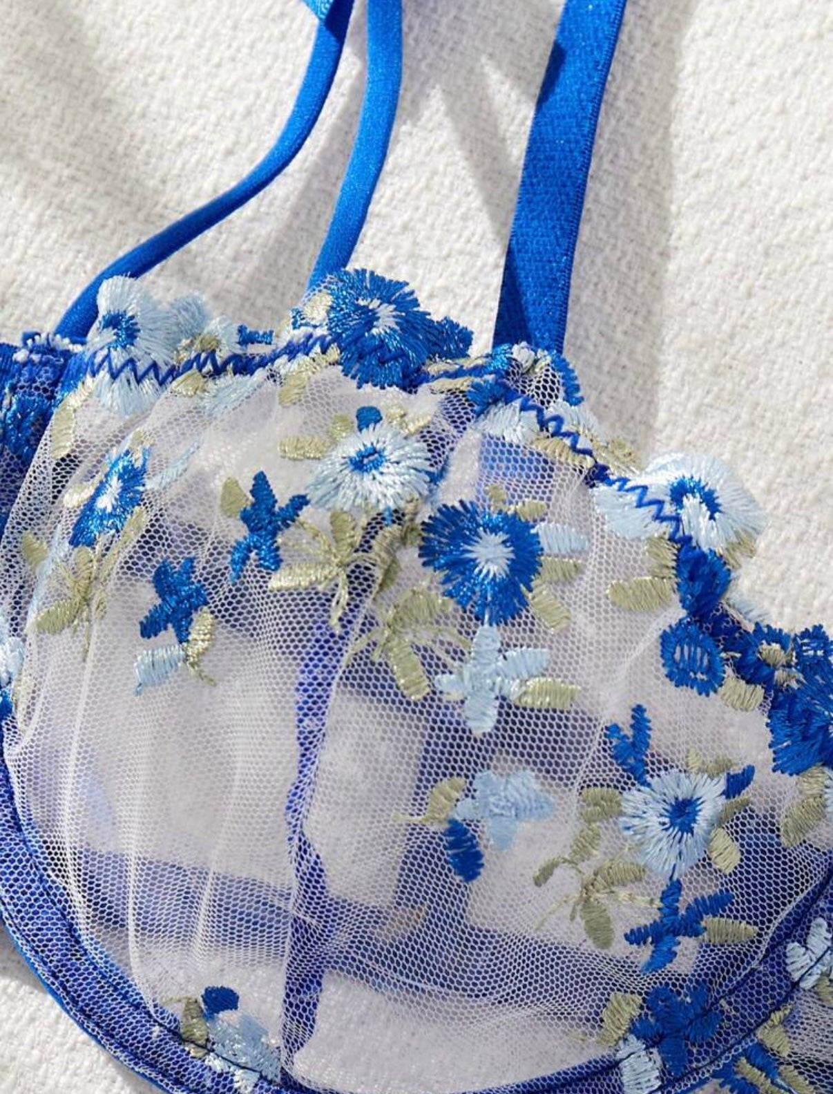 blue bra lingerie set floral embroidery