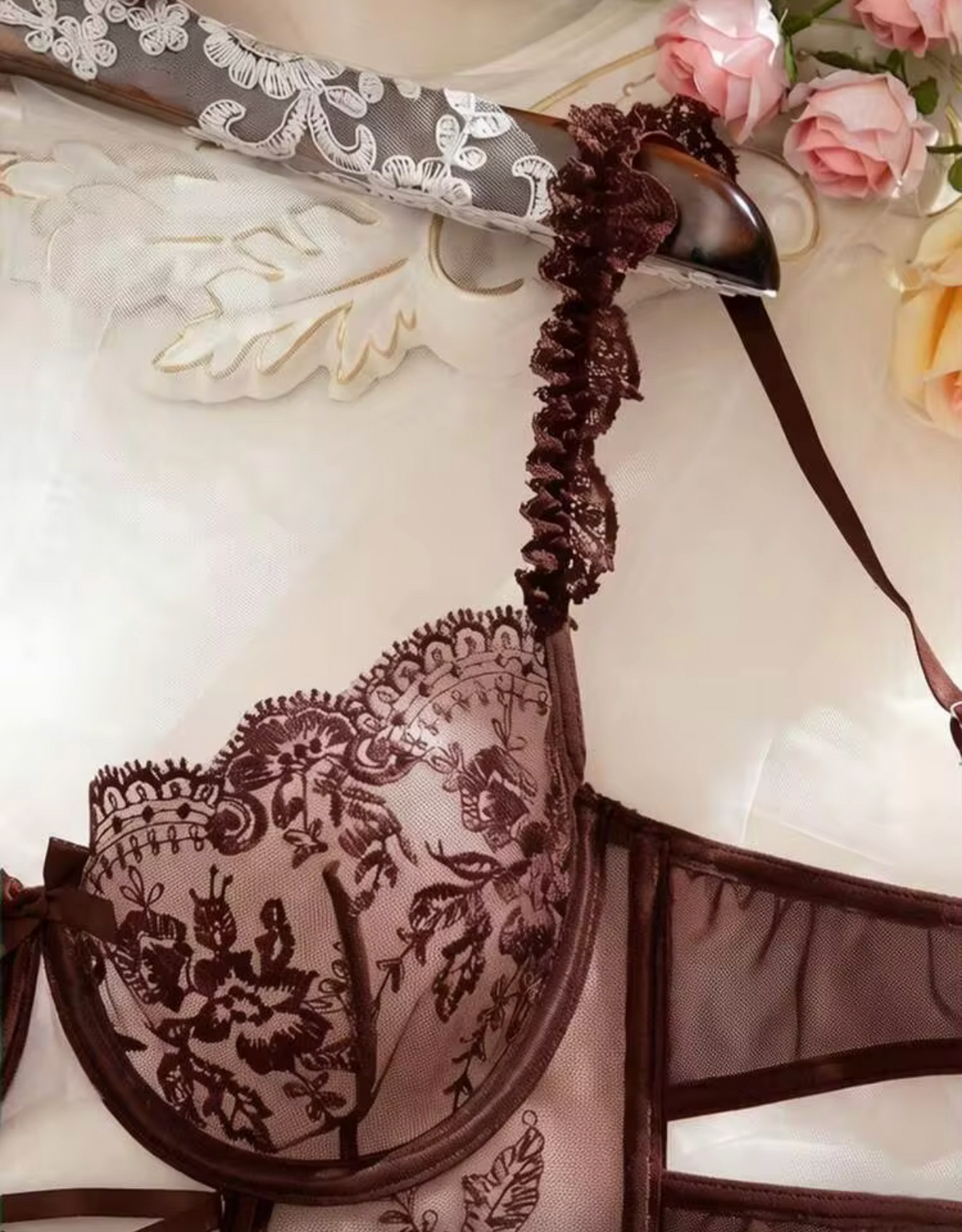 Brown lace and mesh underwire bra lingerie corset with embroidery and ruffle strap