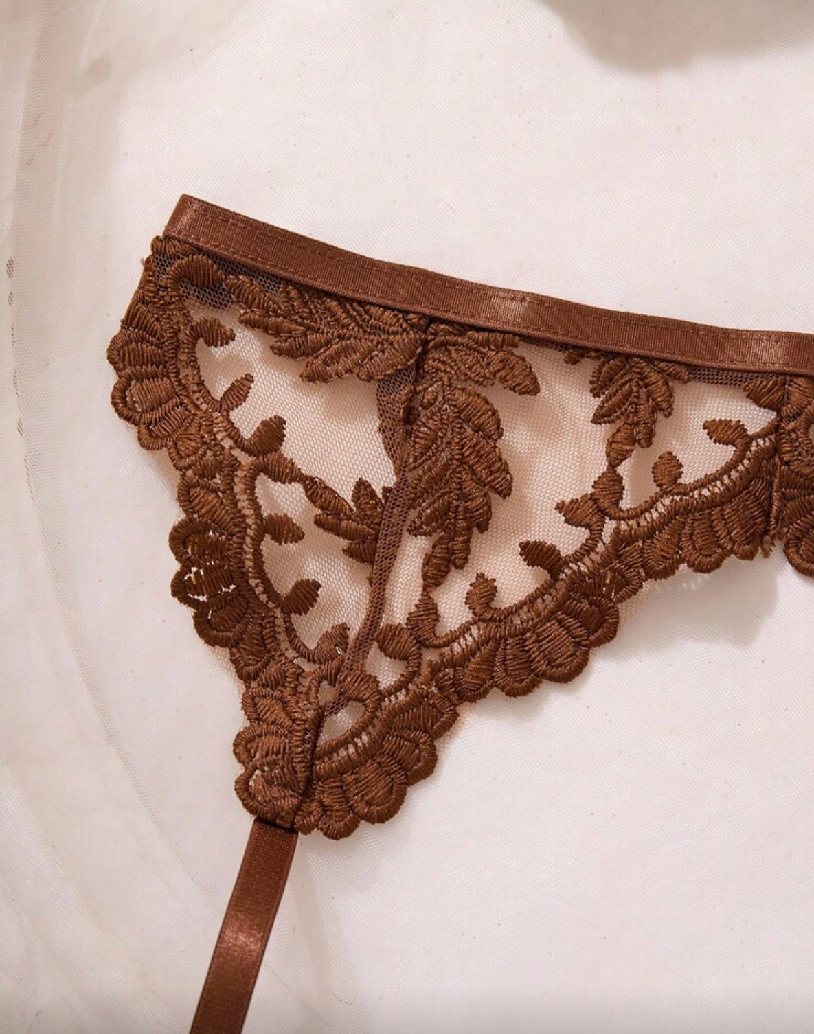 A close-up of a brown lace thong with a matching brown waistband garter, shown against a light background.