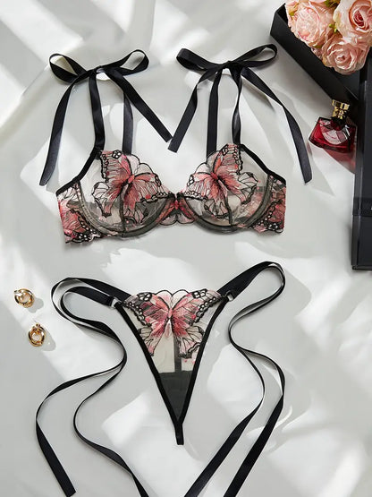 Red Lingerie Set Butterfly Embroidered