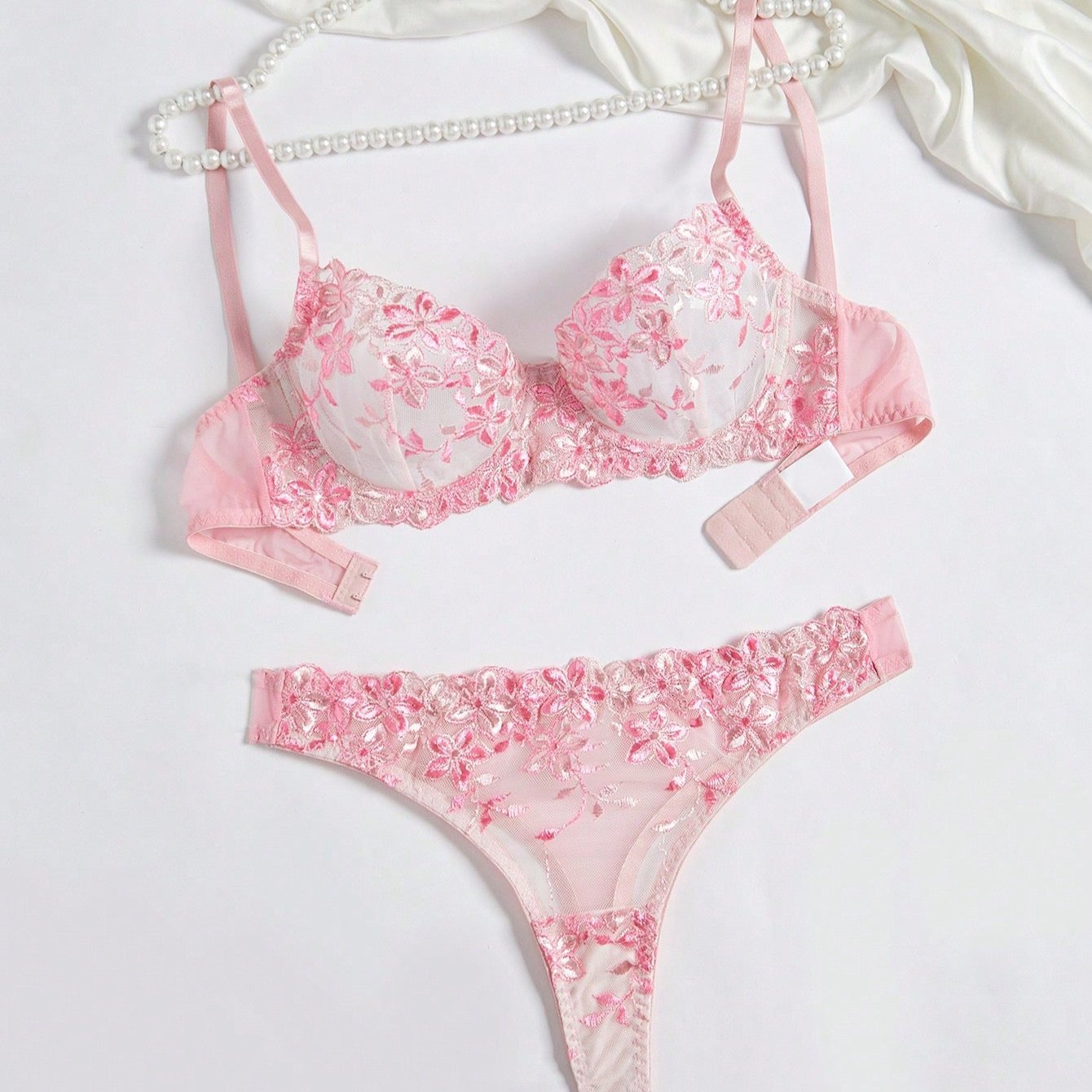 pink lingerie set floral embroidery