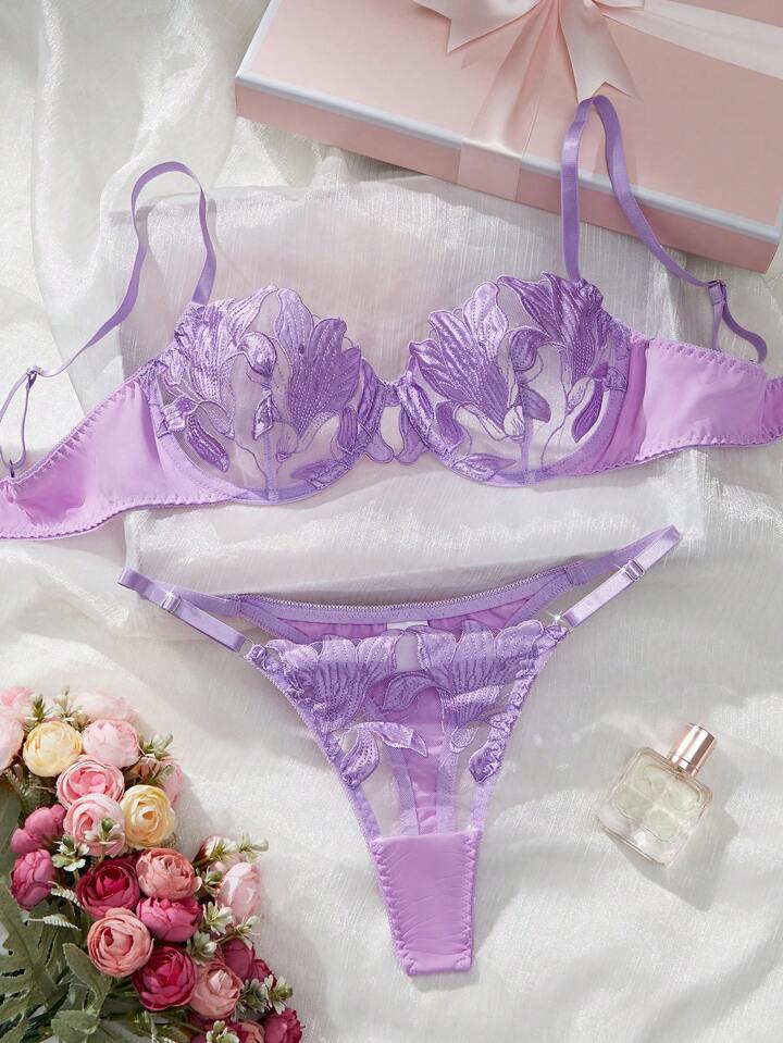 purple lace lingerie embroidered set