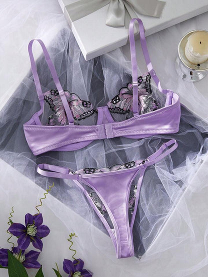 Purple Lingerie Set Butterfly Embroiderey