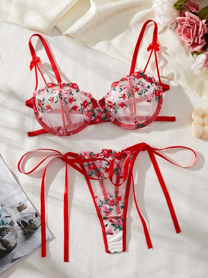 red lingerie set floral