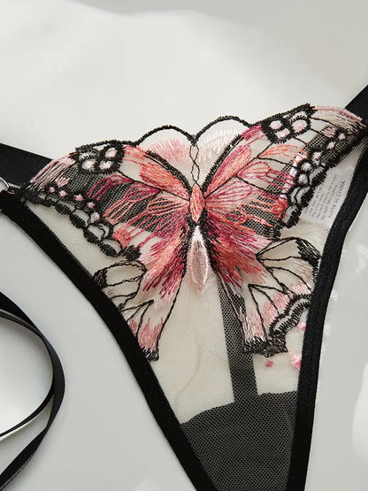 Conjunto de lencería rojo con bordado de mariposas