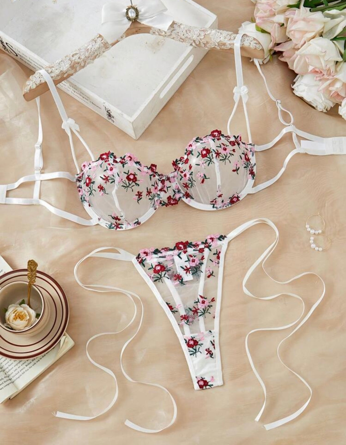 white lingerie set floral embroidery