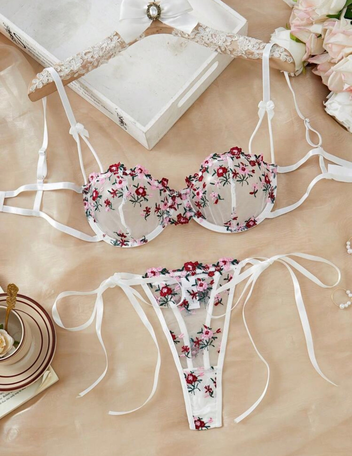 white lingerie set floral embroidery classy