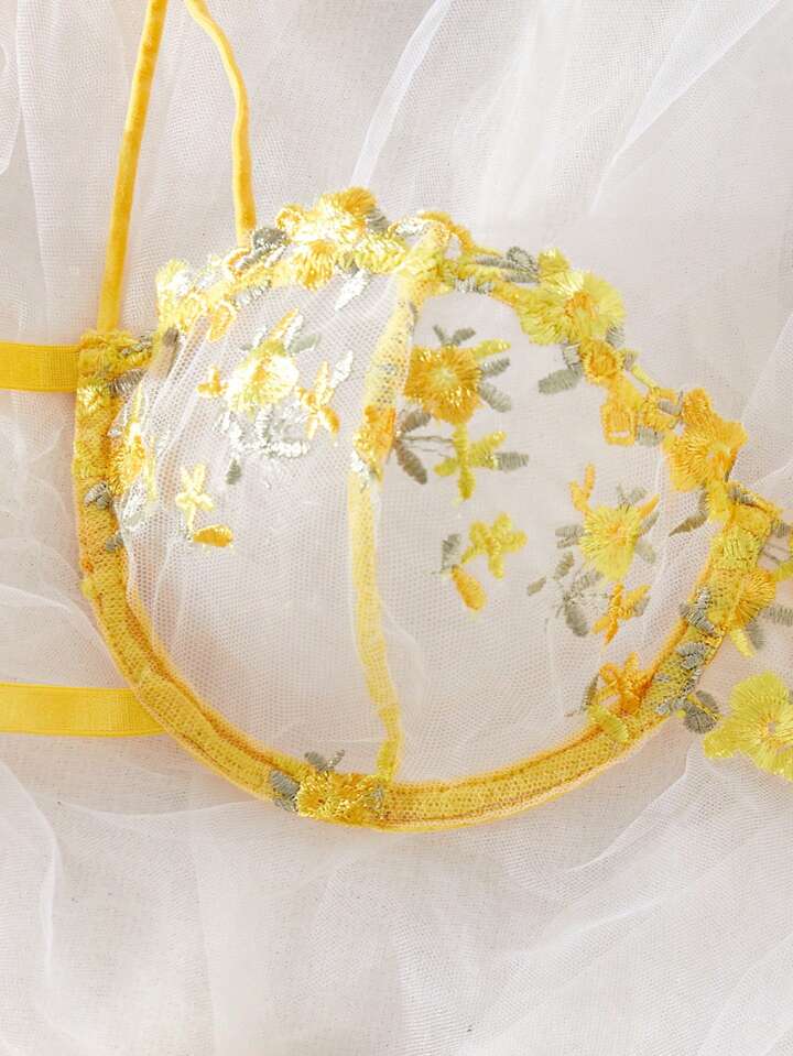 yellow floral lace bra