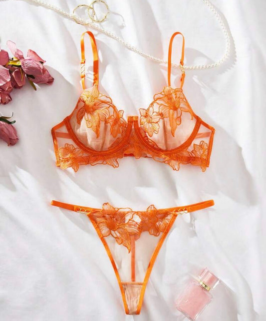 Orange Lingerie Set Embroidery Mesh Underwire - Self Care Shop