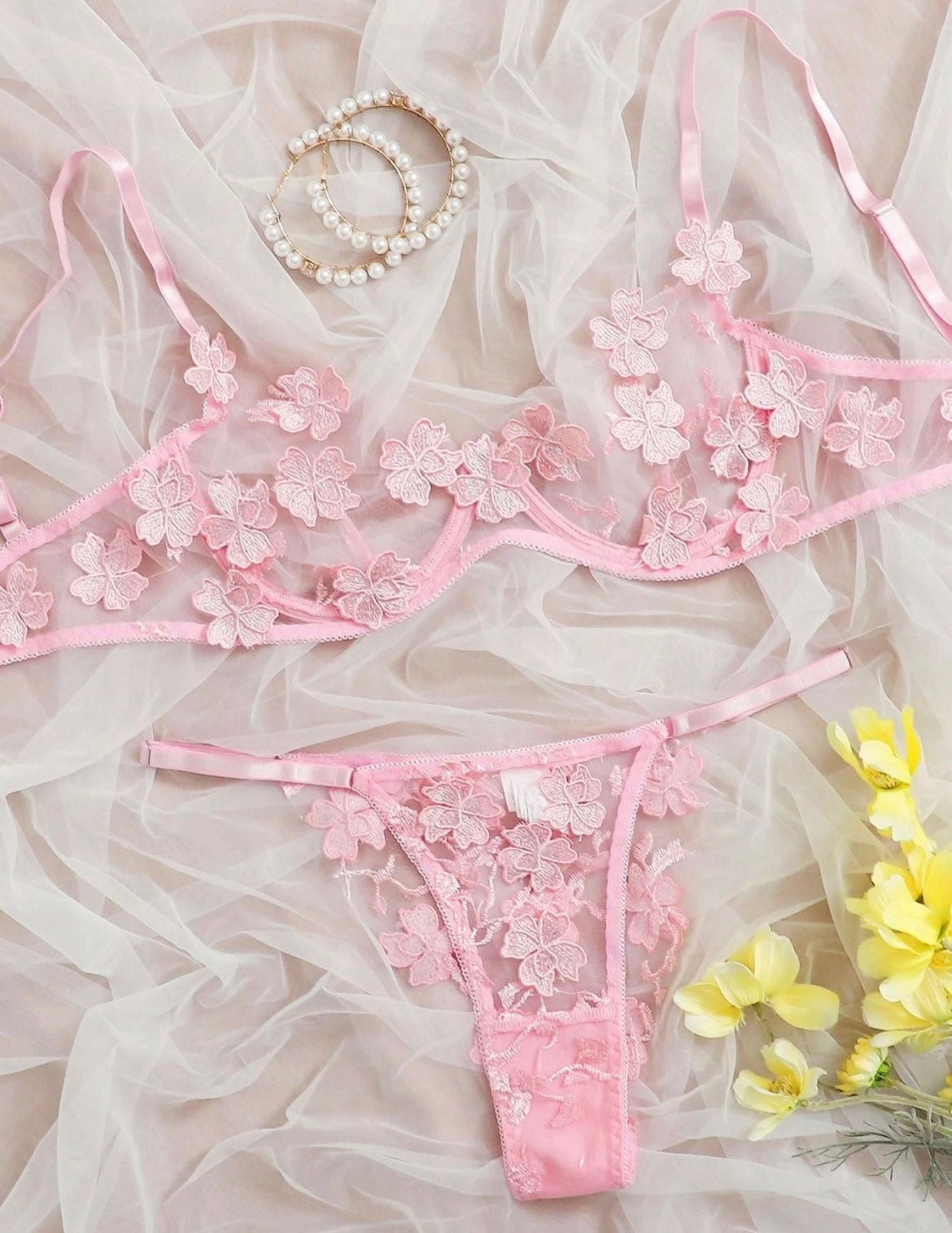 Pink Lingerie Set Floral Embroidered - Self Care Shop