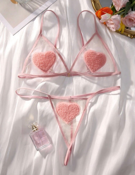 Pink Lingerie Set Heart Embroidered - Self Care Shop