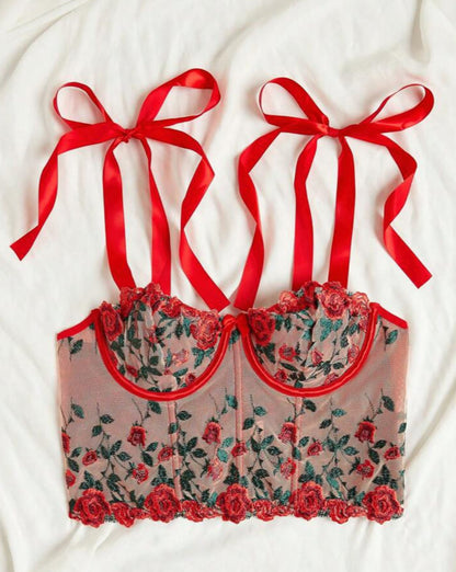 red corset ribbon strap shirt